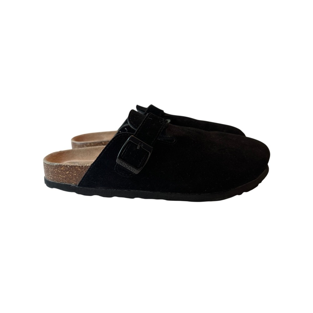 KIDMI Suede Clogs Women 41 Black Cork Sole Buckle Strap Quiet Luxury